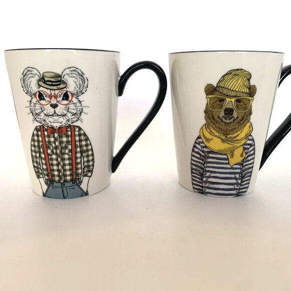 Lot of Two Hipster Coffee Tea Mugs Mouse Bear Signature Housewares Stoneware - Picture 5 of 7